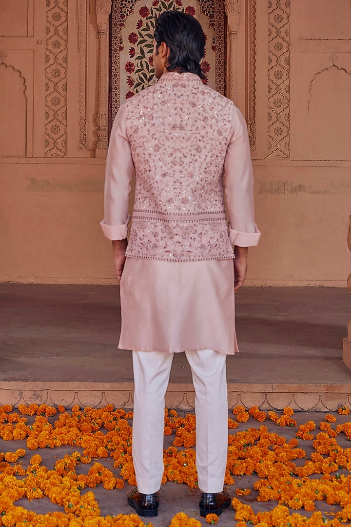 Rose Pink Chanderi Hand Embroidered Nehru Jacket Set by Studio Bagechaa Men at Pernia's Pop Up Shop