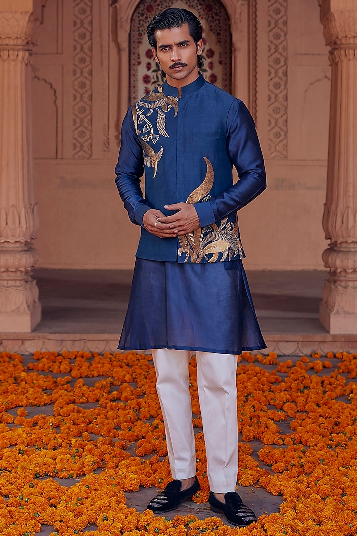 Turquoise Chanderi Hand Embroidered Nehru Jacket Set by Studio Bagechaa Men