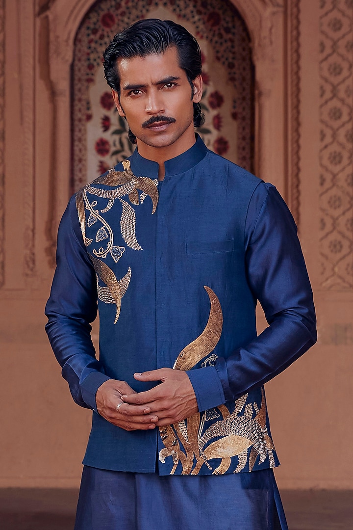 Turquoise Chanderi Hand Embroidered Nehru Jacket Set by Studio Bagechaa Men at Pernia's Pop Up Shop