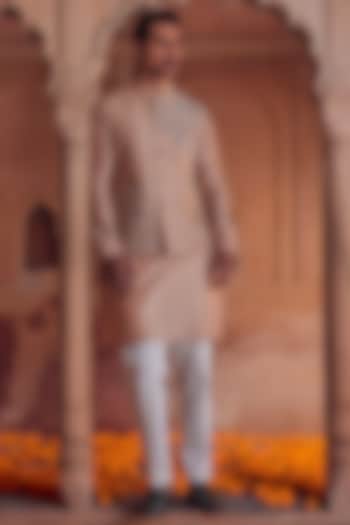 Light Peach Chanderi Embroidered Nehru Jacket Set by Studio Bagechaa Men