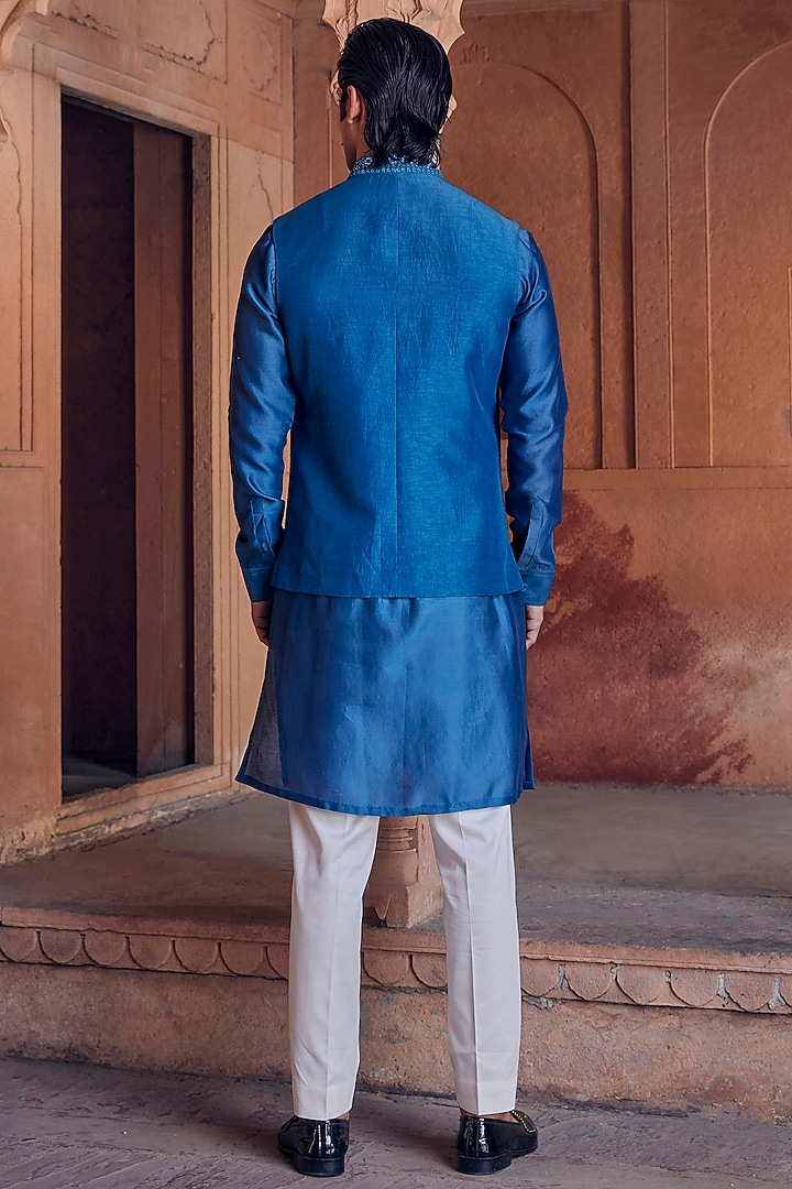 Turquoise Chanderi Hand Embroidered Nehru Jacket Set by Studio Bagechaa Men at Pernia's Pop Up Shop