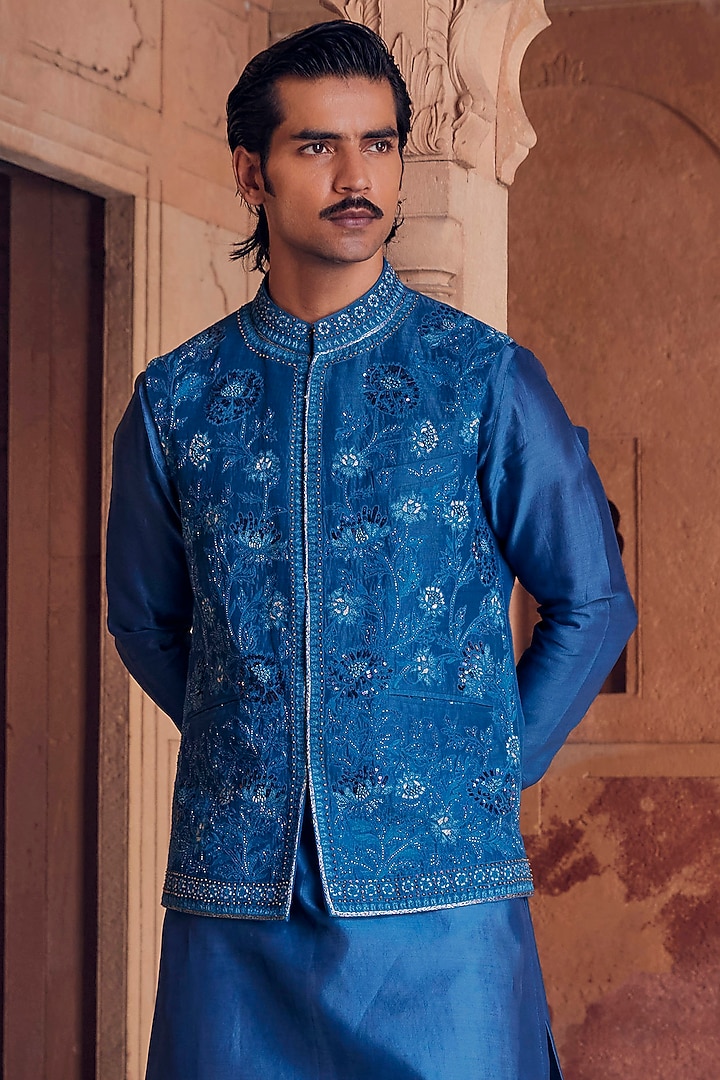 Turquoise Chanderi Hand Embroidered Nehru Jacket Set by Studio Bagechaa Men at Pernia's Pop Up Shop