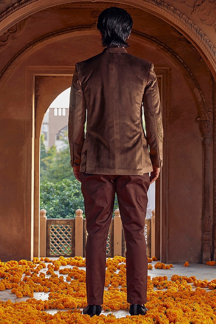 Brown Chanderi Hand Embroidered Wedding Bandhgala Jacket by Studio Bagechaa Men at Pernia's Pop Up Shop