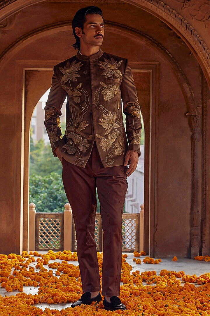 Brown Chanderi Hand Embroidered Wedding Bandhgala Jacket by Studio Bagechaa Men at Pernia's Pop Up Shop