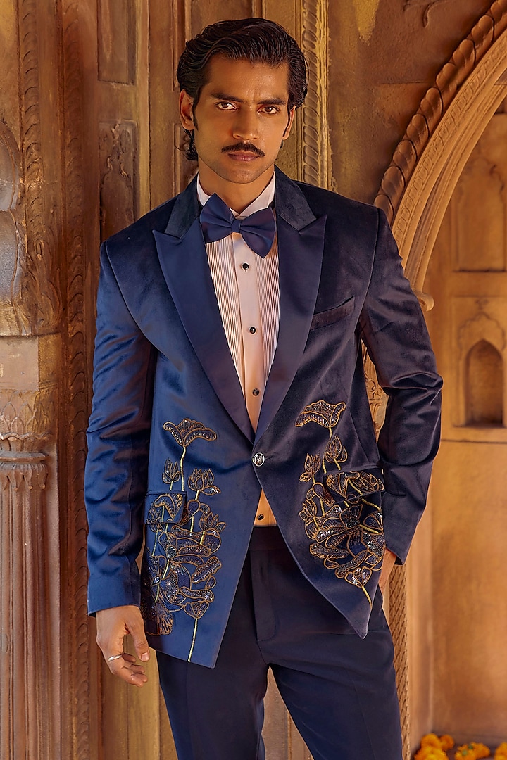 Navy Blue Chanderi Hand Embroidered Tuxedo by Studio Bagechaa Men