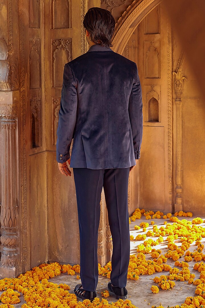 Navy Blue Chanderi Hand Embroidered Tuxedo by Studio Bagechaa Men at Pernia's Pop Up Shop