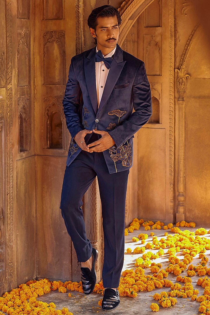 Navy Blue Chanderi Hand Embroidered Tuxedo by Studio Bagechaa Men at Pernia's Pop Up Shop