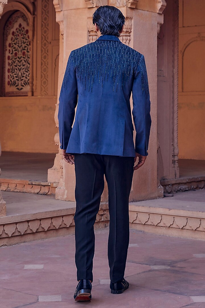 Blue Chanderi Hand Embroidered Tuxedo by Studio Bagechaa Men at Pernia's Pop Up Shop