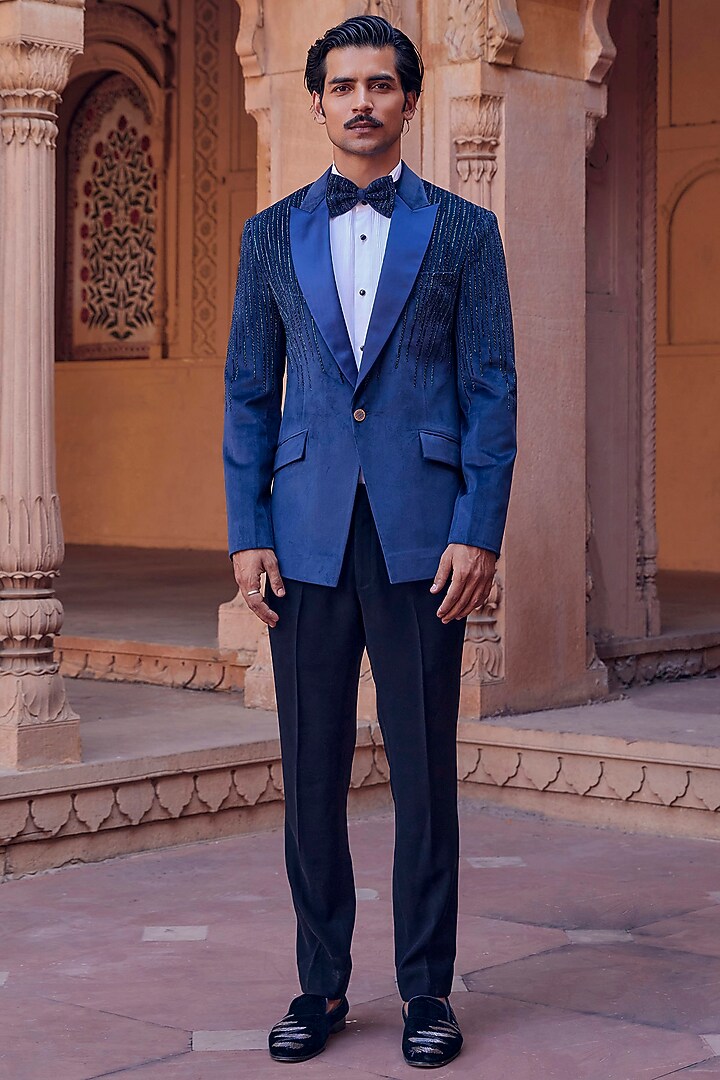 Blue Chanderi Hand Embroidered Tuxedo by Studio Bagechaa Men at Pernia's Pop Up Shop