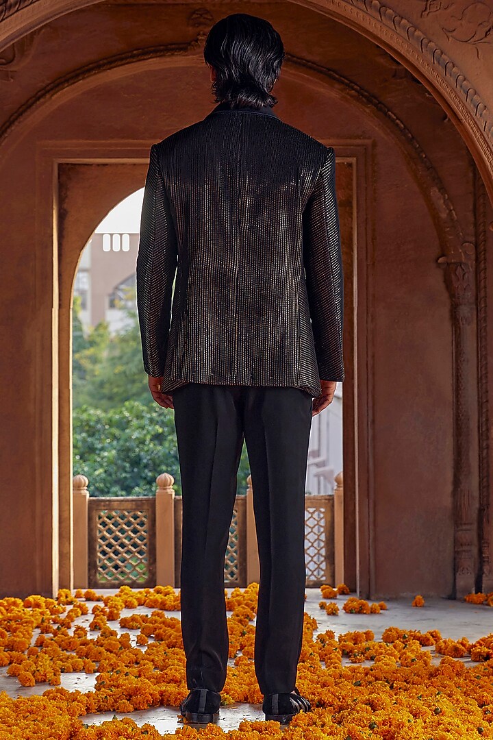 Black Chanderi Hand Embroidered Tuxedo by Studio Bagechaa Men at Pernia's Pop Up Shop
