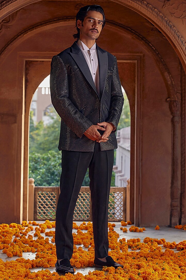 Black Chanderi Hand Embroidered Tuxedo by Studio Bagechaa Men at Pernia's Pop Up Shop