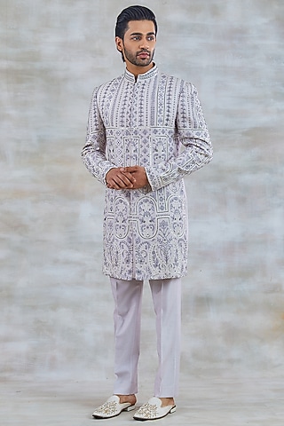 Gallant lilac Italian Silk & Viscose Silk Resham Embroidered Bandhgala Set by Studio Bagechaa Men
