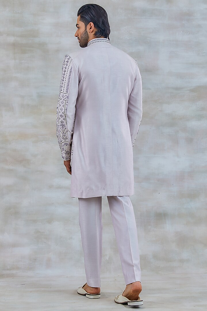 Gallant lilac Italian Silk & Viscose Silk Resham Embroidered Wedding Bandhgala Set by Studio Bagechaa Men at Pernia's Pop Up Shop