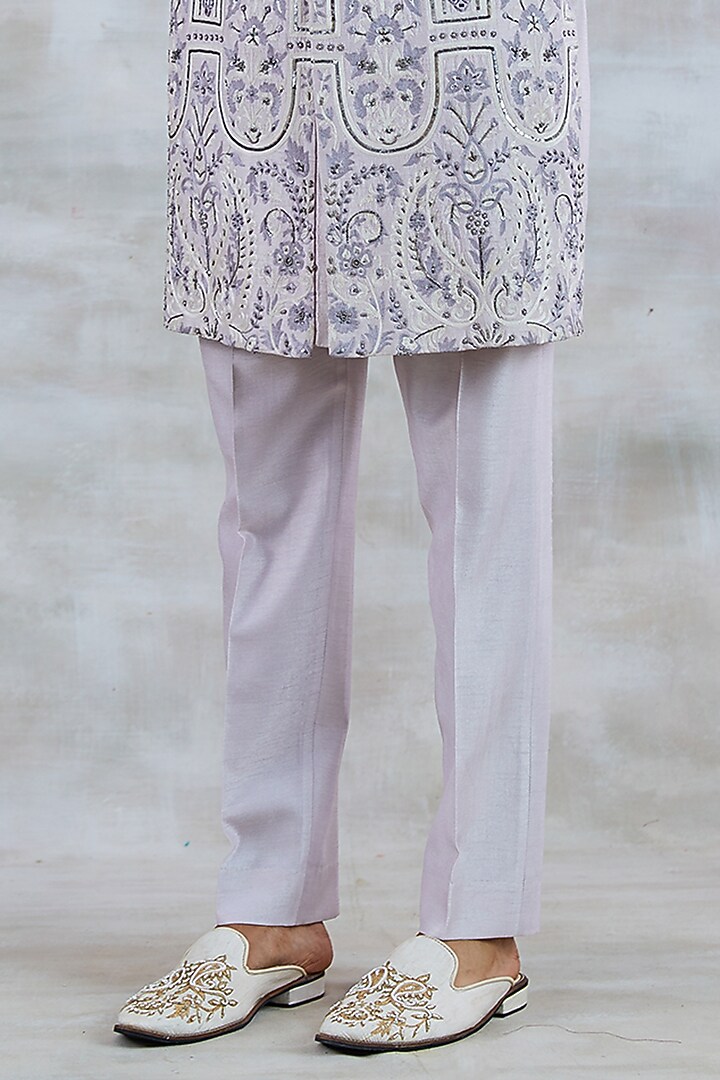 Gallant lilac Italian Silk & Viscose Silk Resham Embroidered Wedding Bandhgala Set by Studio Bagechaa Men at Pernia's Pop Up Shop