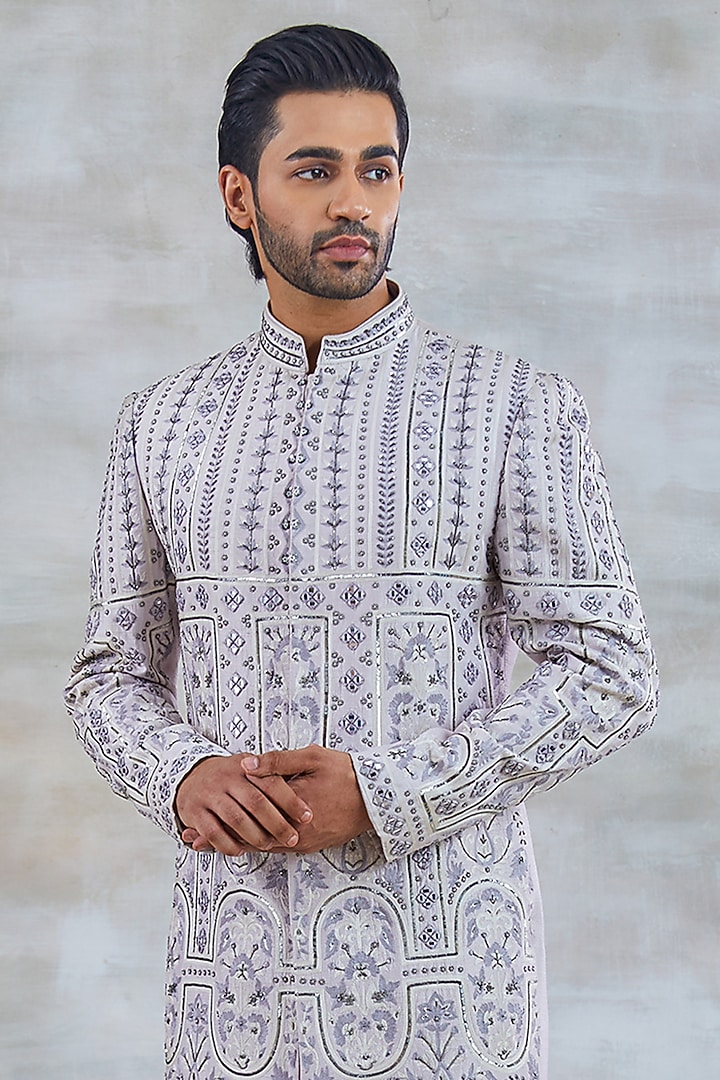 Gallant lilac Italian Silk & Viscose Silk Resham Embroidered Wedding Bandhgala Set by Studio Bagechaa Men at Pernia's Pop Up Shop