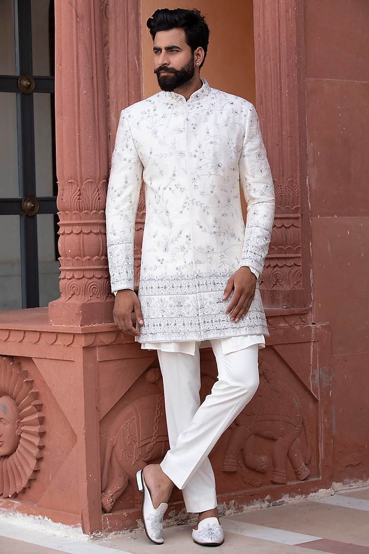 Daisy White Italian Silk & Handloom Silk Resham Embroidered Bandhgala Set by Studio Bagechaa Men