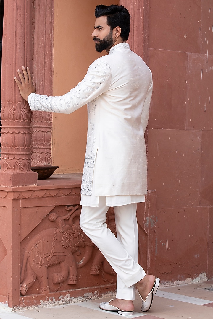 Daisy White Italian Silk & Handloom Silk Resham Embroidered Wedding Bandhgala Set by Studio Bagechaa Men at Pernia's Pop Up Shop