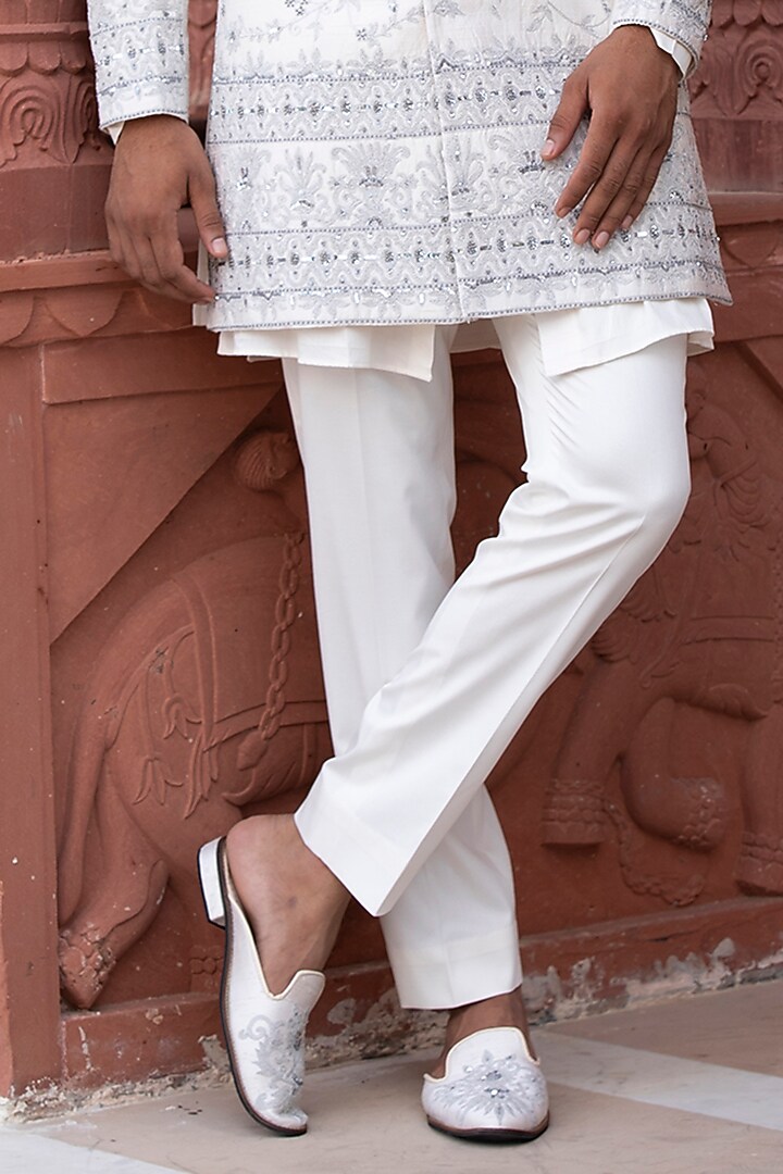 Daisy White Italian Silk & Handloom Silk Resham Embroidered Wedding Bandhgala Set by Studio Bagechaa Men at Pernia's Pop Up Shop
