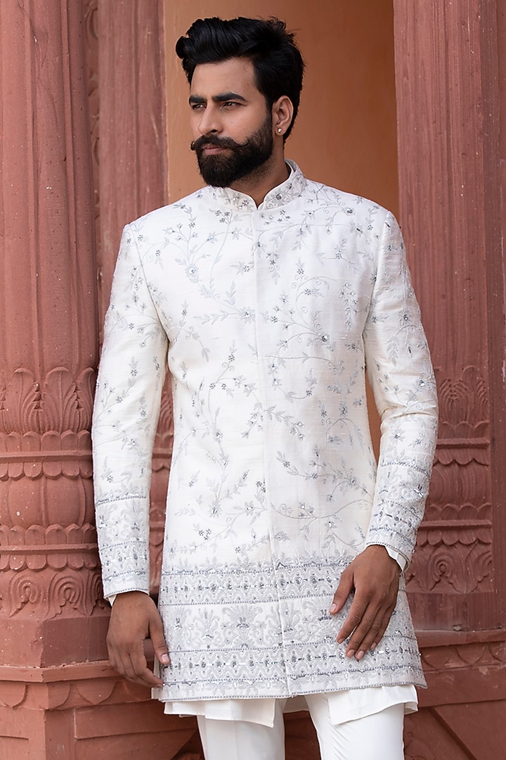 Daisy White Italian Silk & Handloom Silk Resham Embroidered Wedding Bandhgala Set by Studio Bagechaa Men at Pernia's Pop Up Shop