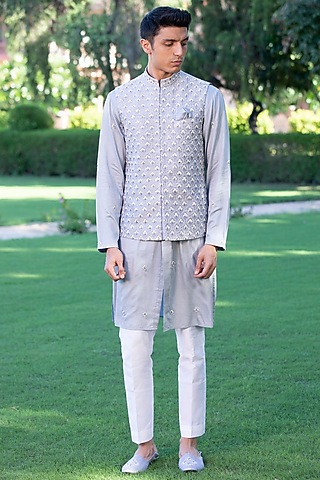 Grey Symphony Russian Silk & Handloom Silk Handwork Nehru Jacket Set by Studio Bagechaa Men