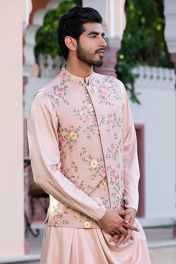 Peach Russian Silk & Pure Silk Floral Embroidered Nehru Jacket Set by Studio Bagechaa Men at Pernia's Pop Up Shop