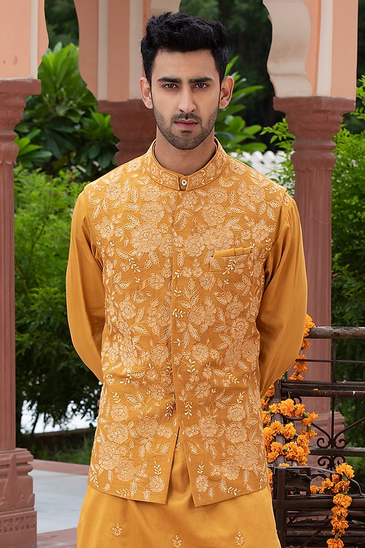 Mustard Yellow Russian Silk Embroidered Nehru Jacket Set Design by