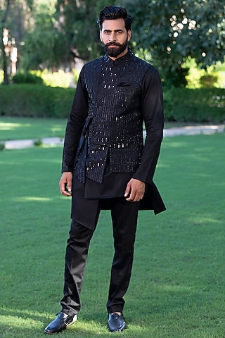 Blazing Black Russian Silk & Handloom Silk Nalki Embroidered Nehru Jacket Set by Studio Bagechaa Men