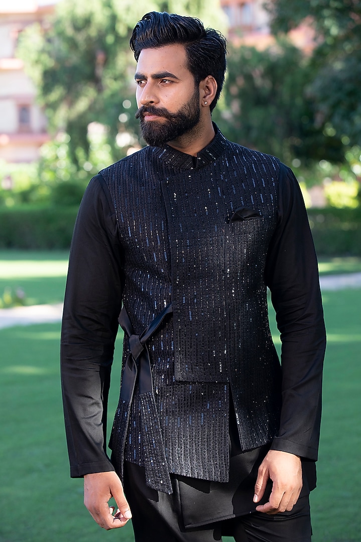Blazing Black Russian Silk & Handloom Silk Nalki Embroidered Nehru Jacket Set by Studio Bagechaa Men at Pernia's Pop Up Shop