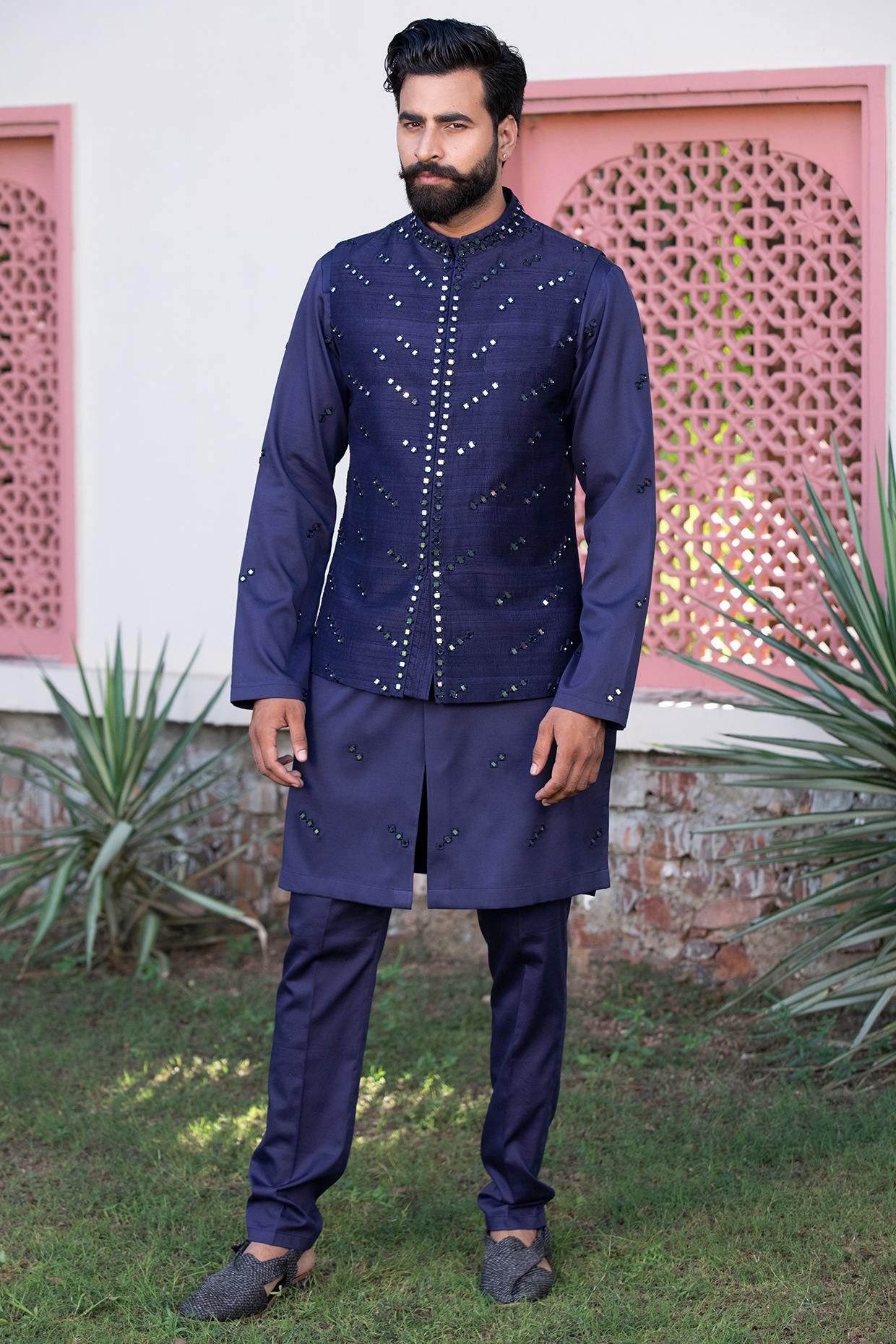 Navy Blue Paradise Russian Silk & Handloom Silk Mirror Embroidered