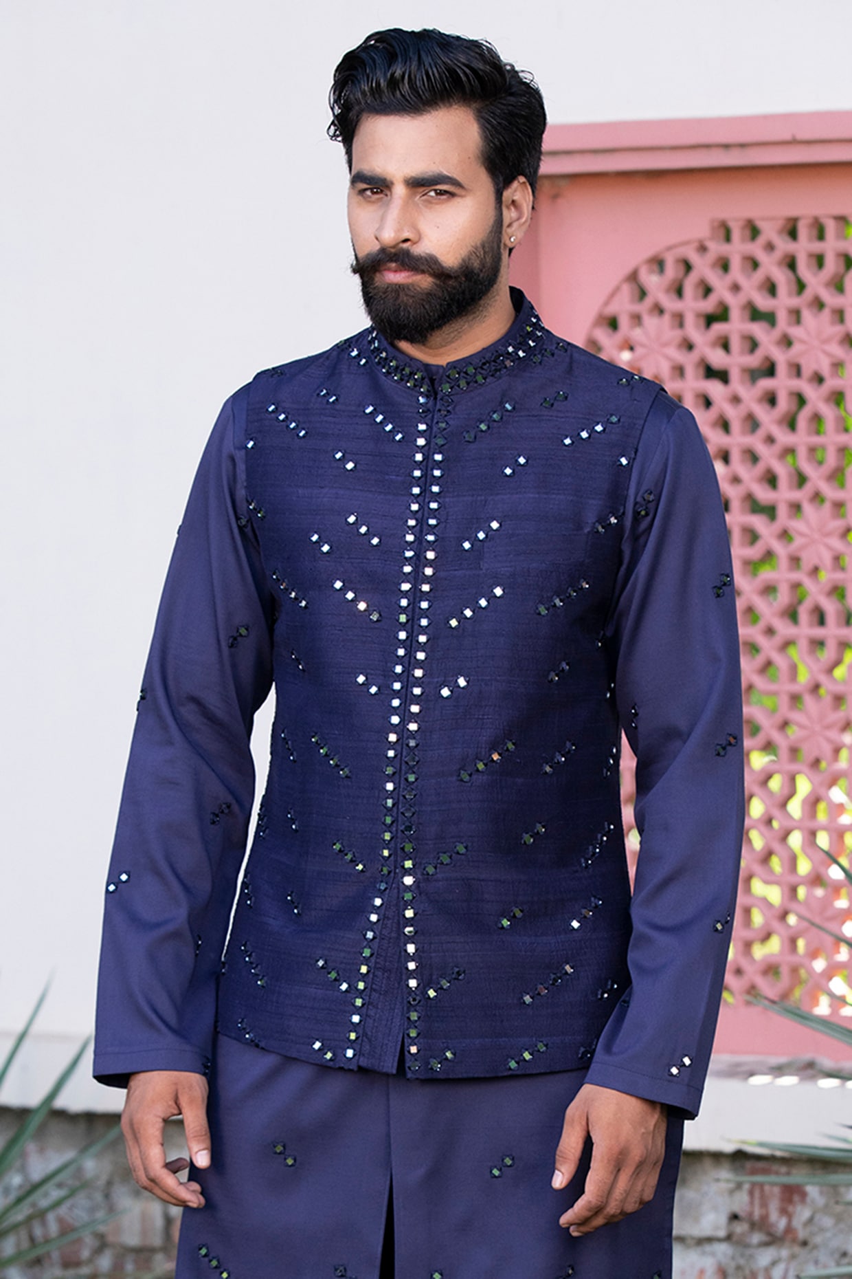 Navy Blue Paradise Russian Silk & Handloom Silk Mirror Embroidered