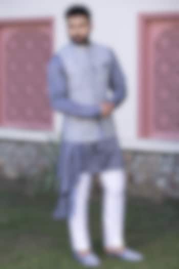 Slate Grey Russian Silk & Handloom Silk Draped Kurta Set With Nehru Jacket by Studio Bagechaa Men