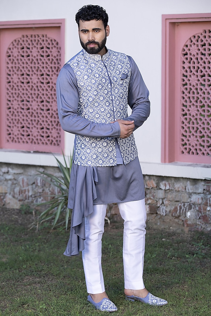 Slate Grey Russian Silk & Handloom Silk Draped Kurta Set With Nehru Jacket by Studio Bagechaa Men