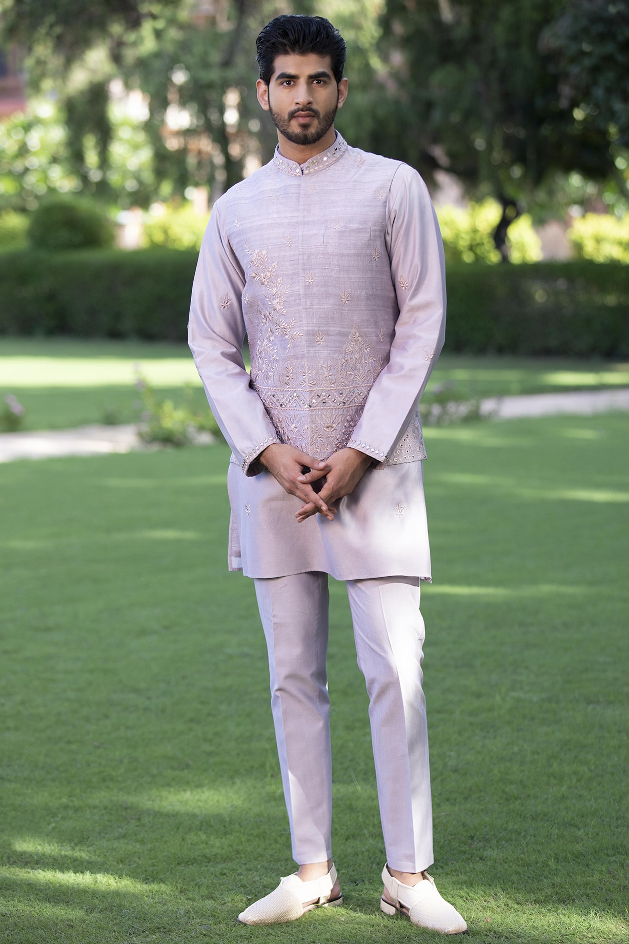 Lavender Handloom Silk Mirror Embroidered Nehru Jacket Set by Studio Bagechaa Men