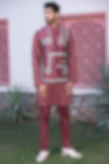 Brick Red Russian Silk Embroidered Nehru Jacket Set by Studio Bagechaa Men