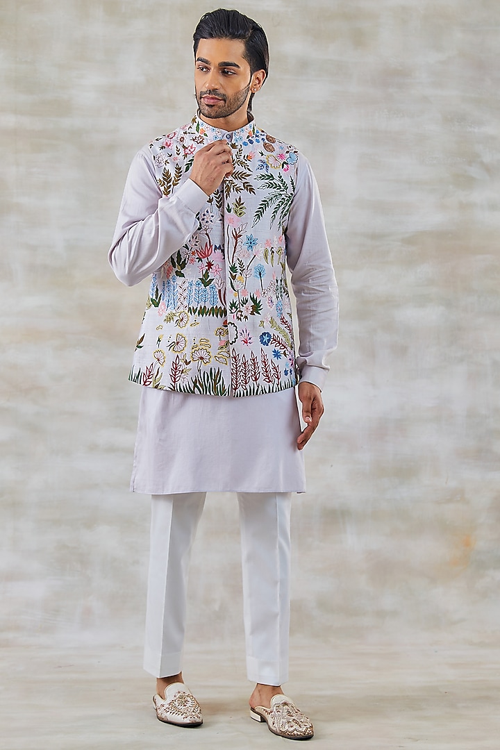 Vivacious Lilac Garden Reverie Russian Silk & Satin Linen Threadwork Nehru Jacket Set by Studio Bagechaa Men