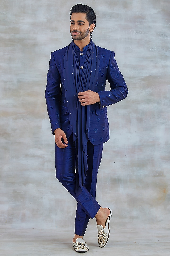Blue Pure Silk Embellished Bandhgala Set by Studio Bagechaa Men