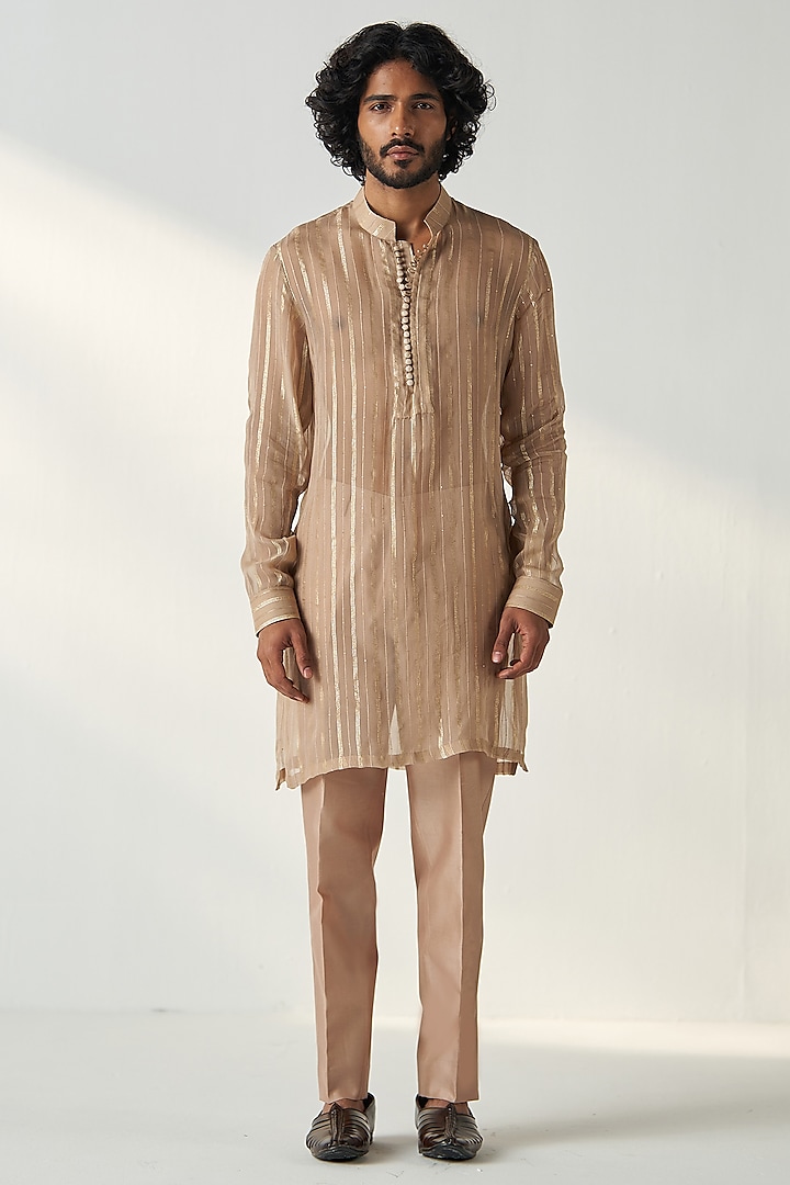 Fawn Georgette Sequins Embroidered Kurta Set by Studio Bagechaa Men