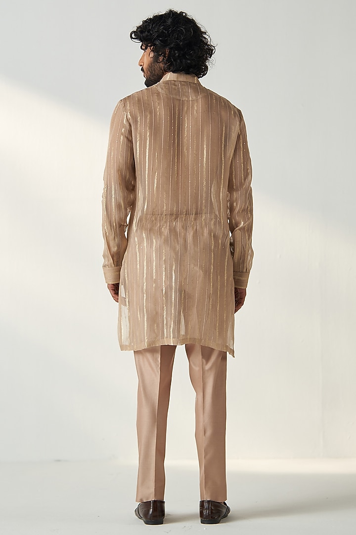 Fawn Georgette Sequins Embroidered Kurta Set by Studio Bagechaa Men at Pernia's Pop Up Shop