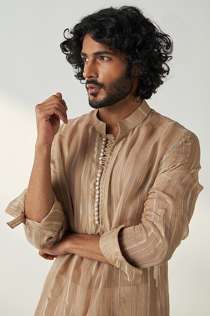 Fawn Georgette Sequins Embroidered Kurta Set by Studio Bagechaa Men at Pernia's Pop Up Shop