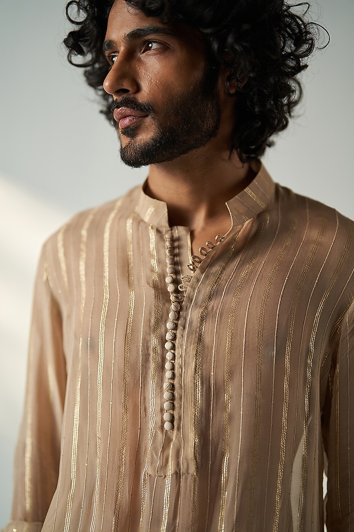 Fawn Georgette Sequins Embroidered Kurta Set by Studio Bagechaa Men at Pernia's Pop Up Shop