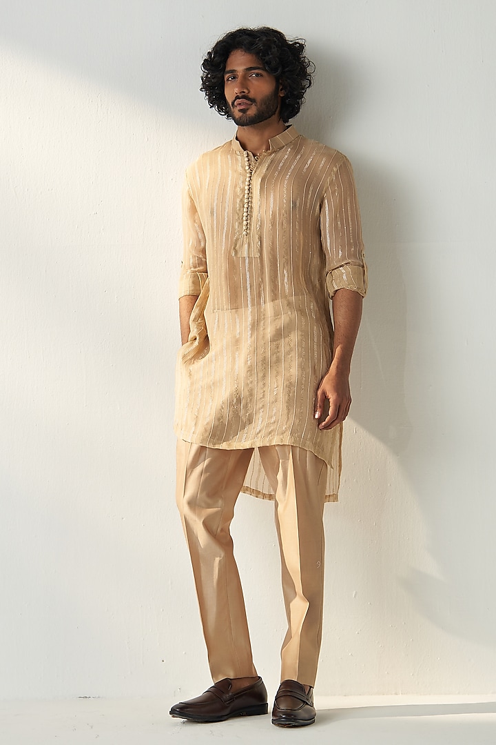 Gold Beige Georgette Sequins Embroidered Kurta Set by Studio Bagechaa Men