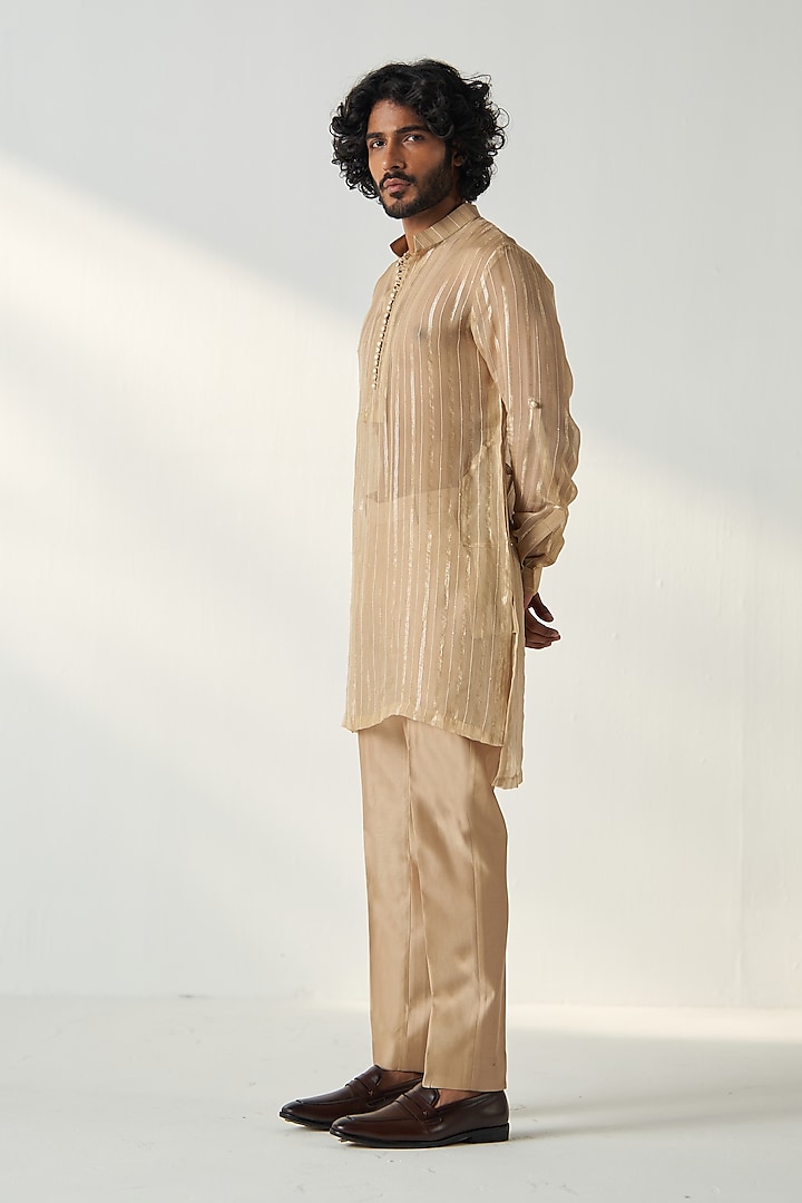 Gold Beige Georgette Sequins Embroidered Kurta Set by Studio Bagechaa Men at Pernia's Pop Up Shop