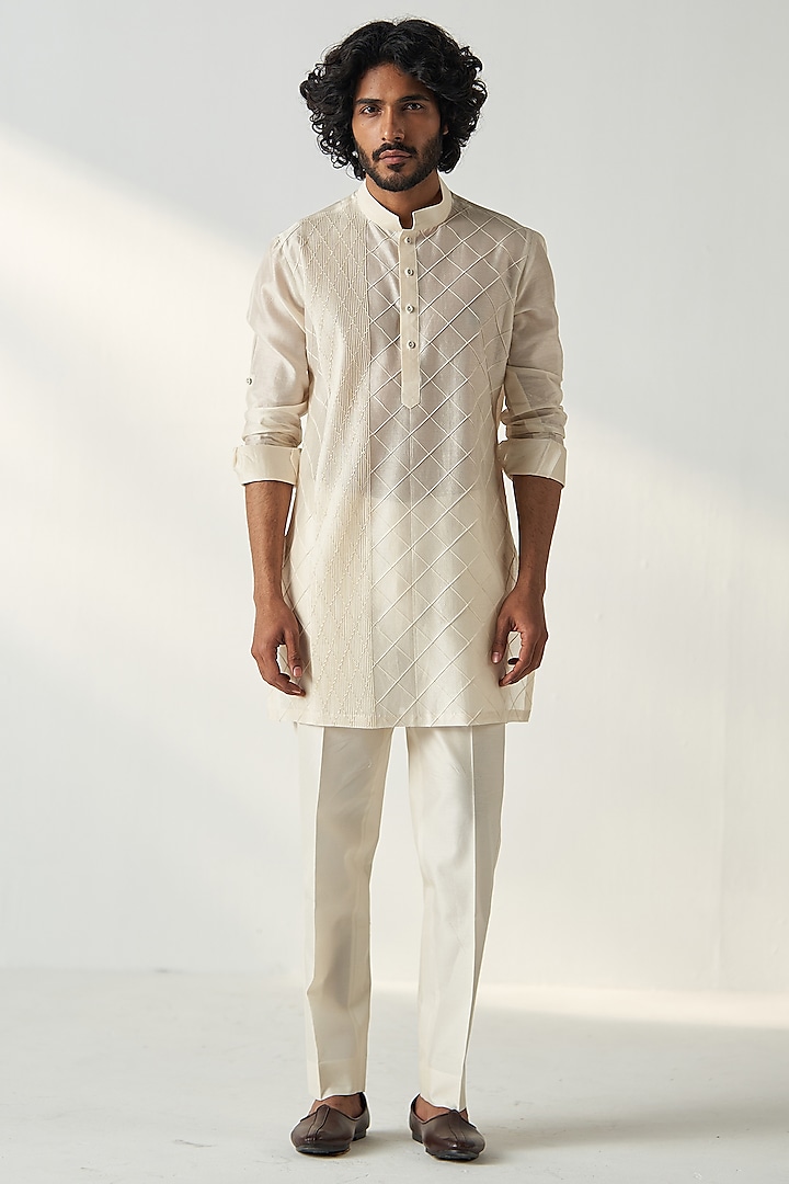 Ivory Georgette Pintucks Kurta Set by Studio Bagechaa Men