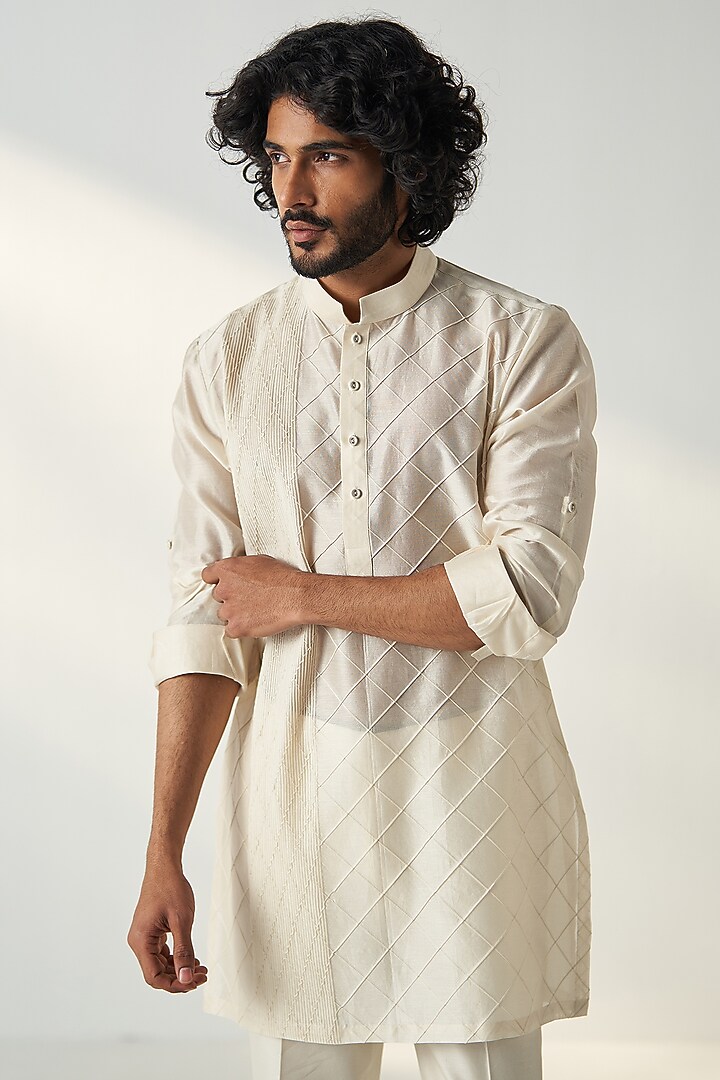 Ivory Georgette Pintucks Kurta Set by Studio Bagechaa Men at Pernia's Pop Up Shop