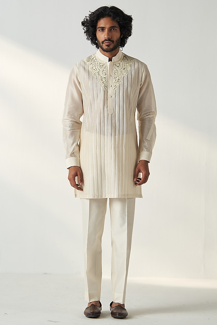 Ivory Georgette Pintucks Kurta Set by Studio Bagechaa Men at Pernia's Pop Up Shop