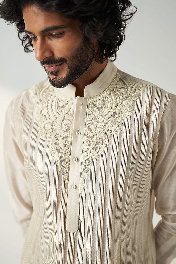 Ivory Georgette Pintucks Kurta Set by Studio Bagechaa Men at Pernia's Pop Up Shop