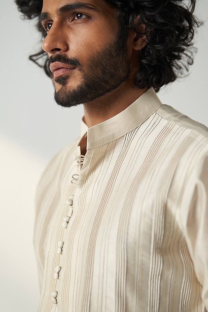 Ivory Georgette Pintucks Kurta Set by Studio Bagechaa Men at Pernia's Pop Up Shop