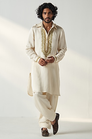 Ivory Linen Satin Dori Embroidered Pathani Kurta Set by Studio Bagechaa Men