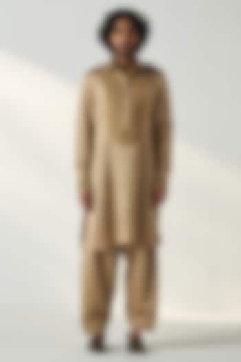 Khaki Gold Linen Satin Dori Embroidered Pathani Kurta Set by Studio Bagechaa Men