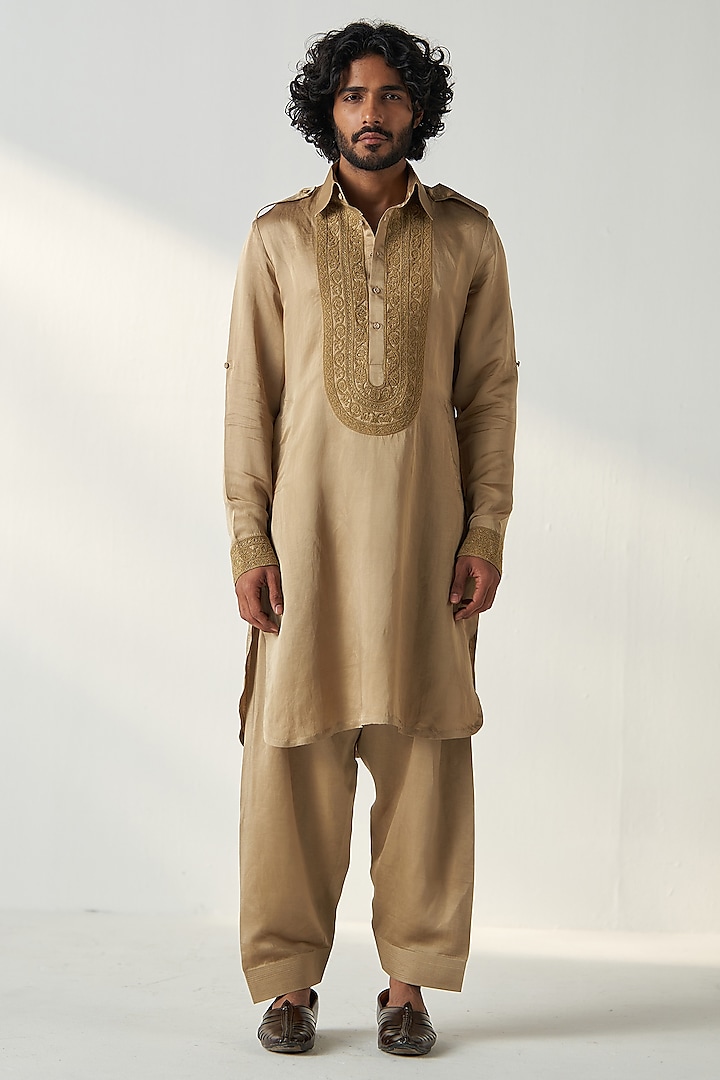 Khaki Gold Linen Satin Dori Embroidered Pathani Kurta Set by Studio Bagechaa Men